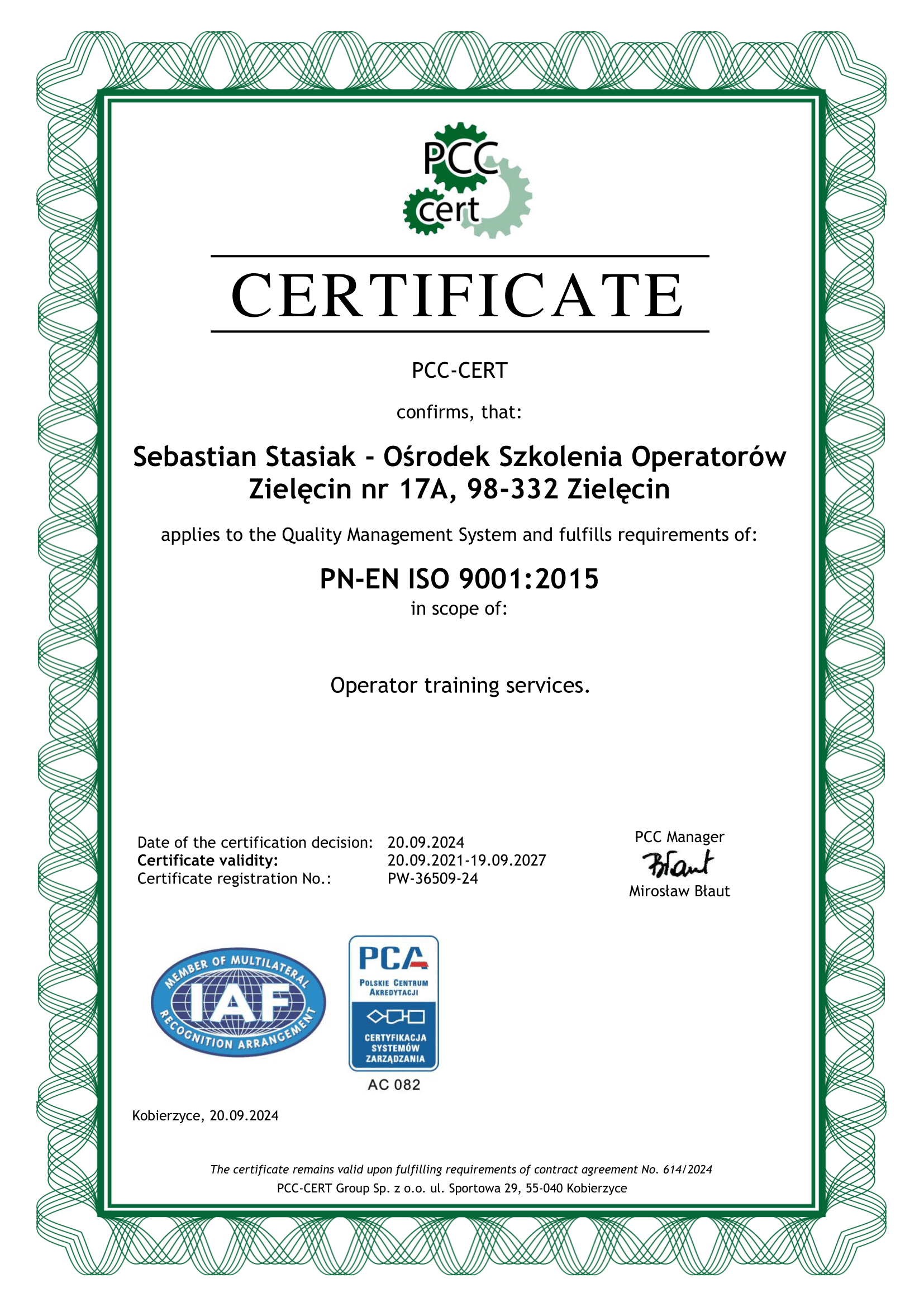 Certyfikat szkoleniowy